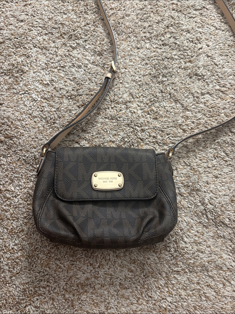 Michael Kors Dark Brown Monogram Crossbody with Gold Plaque